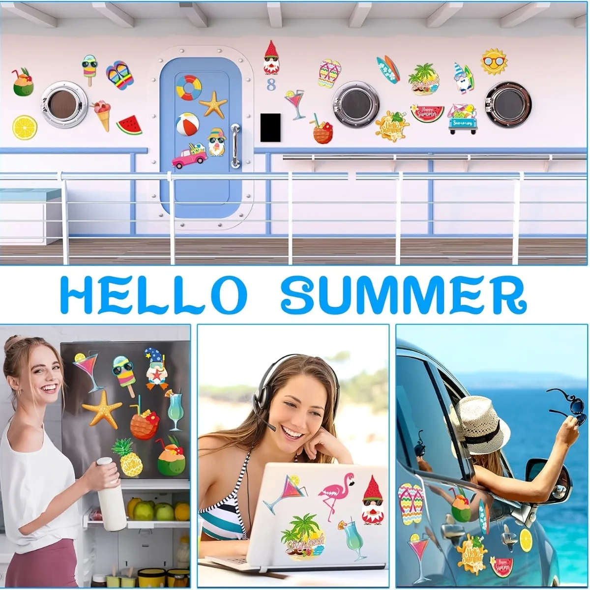 26Pcs Summer Beach Cruise Door Magnets,Car & Fridge Decor,Hawaiian Carnival Anchor Stickers for Cruise Cabin & Party