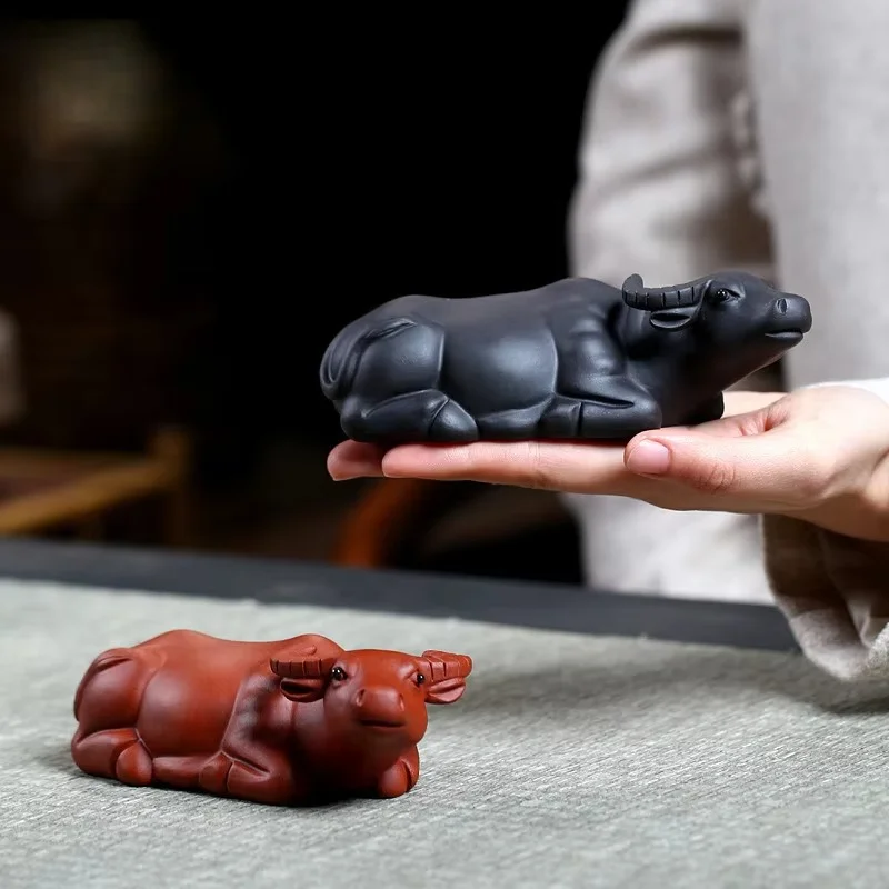 Artesanal arcilla púrpura mascota té Zodiaco ganado adornos escritorio té estatuilla artesanal Boutique té accesorios