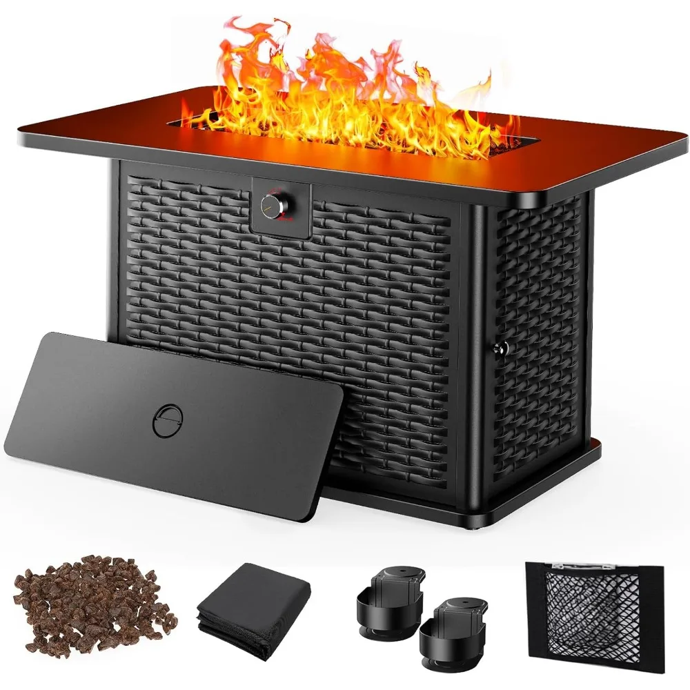 

43 Inch Propane Fire Pit Table, 60,000 BTU Gas Fire Pit with Lava Rocks, Waterproof Cover, Removable Lid, Cup Holders, 2-in-1 F