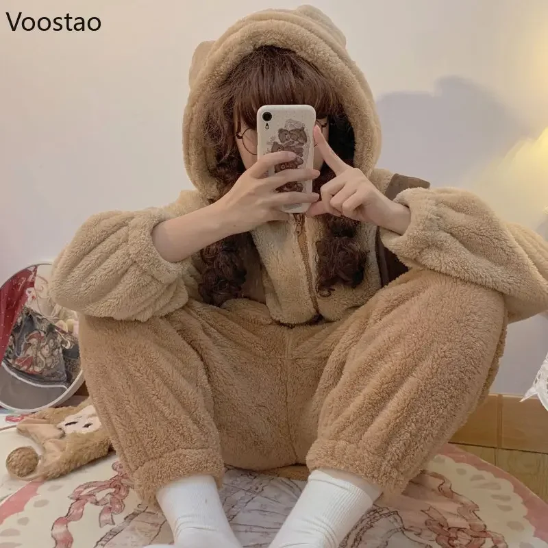 Sweet Bear Ears Hooded Onesies Sleepwear Women Autumn Winter Warm Pajamas Kawaii Nightwear Pyjamas Jumpsuit Female Cute Homewear