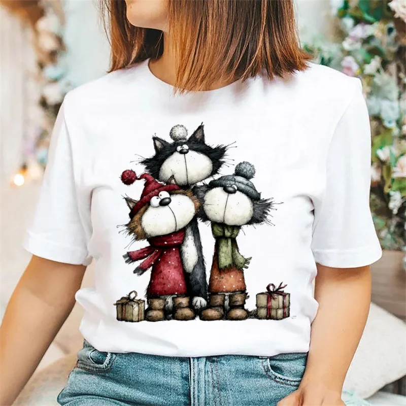Ladies' Three Christmas Cats Christmas Hat Printed Pattern White T-Shirt Cute Cartoon Printed Clothes Casual Versatile T-Shirt