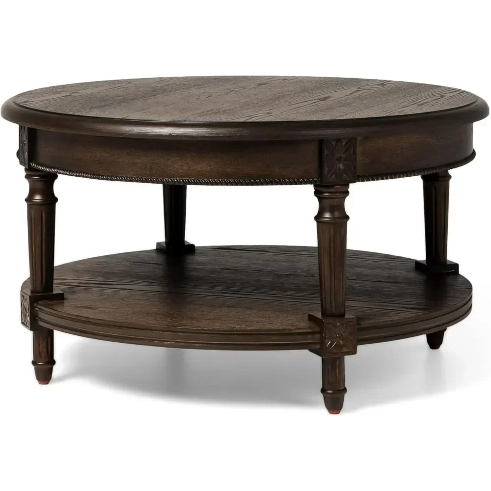 

Pullman Large Curved 2 Tier Traditional Round Circle Wooden Center Coffee Table with Shelf Storage in Rustic Antiqued Brown