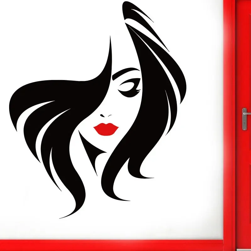 

Hair Salon Hairstyle Wall Glass Door Window Vinyl Sticker Beauty Salon Woman Face With Red Lip Wall Decal DIY Murals SL03