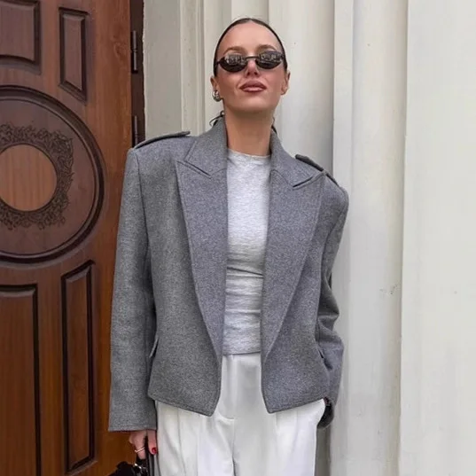 

2025 Wool Blend Lapel Collar Blazer Women Drop Shoulder Oversize 2025 Autumn Chic Short Coat Fashion Elegant Office Lady Jacket