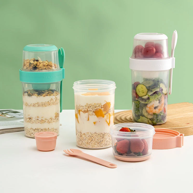 Portable Salad Cup Double Oatmeal Cup Yogurt Nut Fat-Reduced Vegetable Fruit Box Cup With Lid Spoon Breakfast Cup Lunch Box