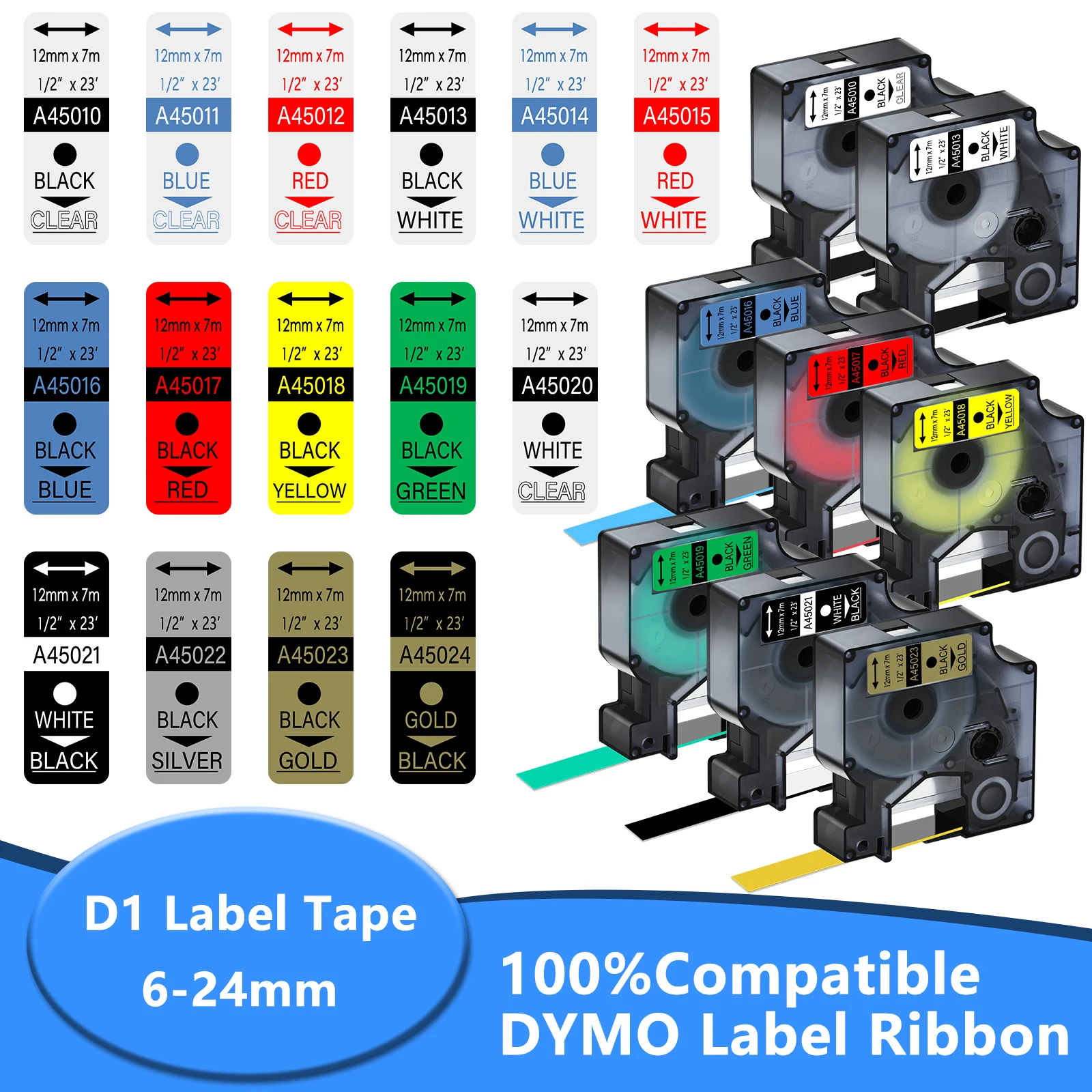 D1 Tape 6/9/12mm Compatible for Dymo 45010 45013 45017 45021 Standard Label Ribbon for DYMO LabelManager 100 120P 210D Printer