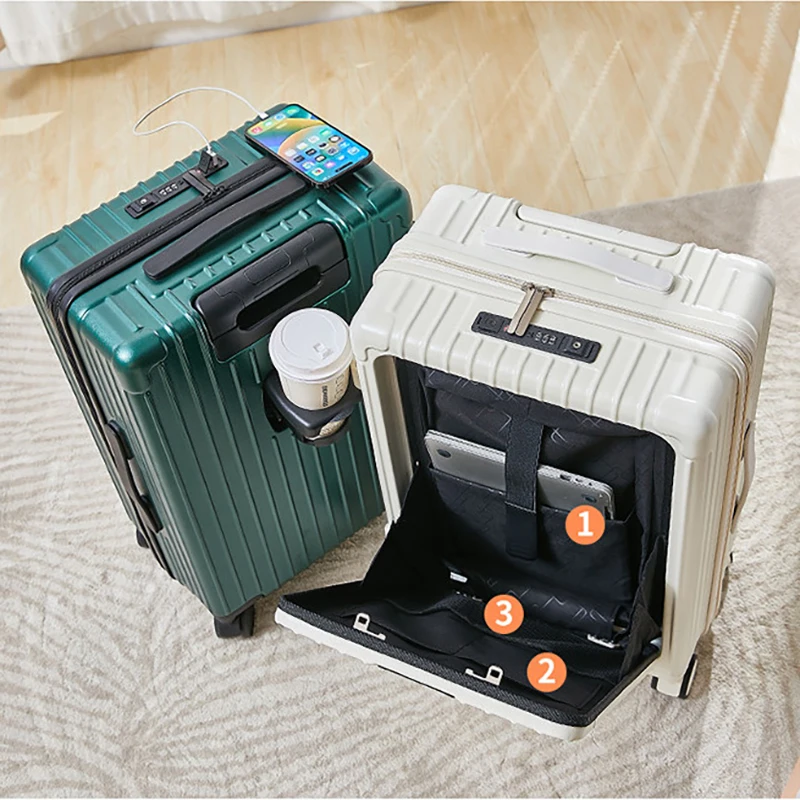 กระเป๋าเดินทางกระเป๋าเดินทางแบบกลิ้ง Multi-Function Zipper PC รถเข็นพร้อมล้อพอร์ตชาร์จ USB พร้อมที่วางแก้ว Boarding Box