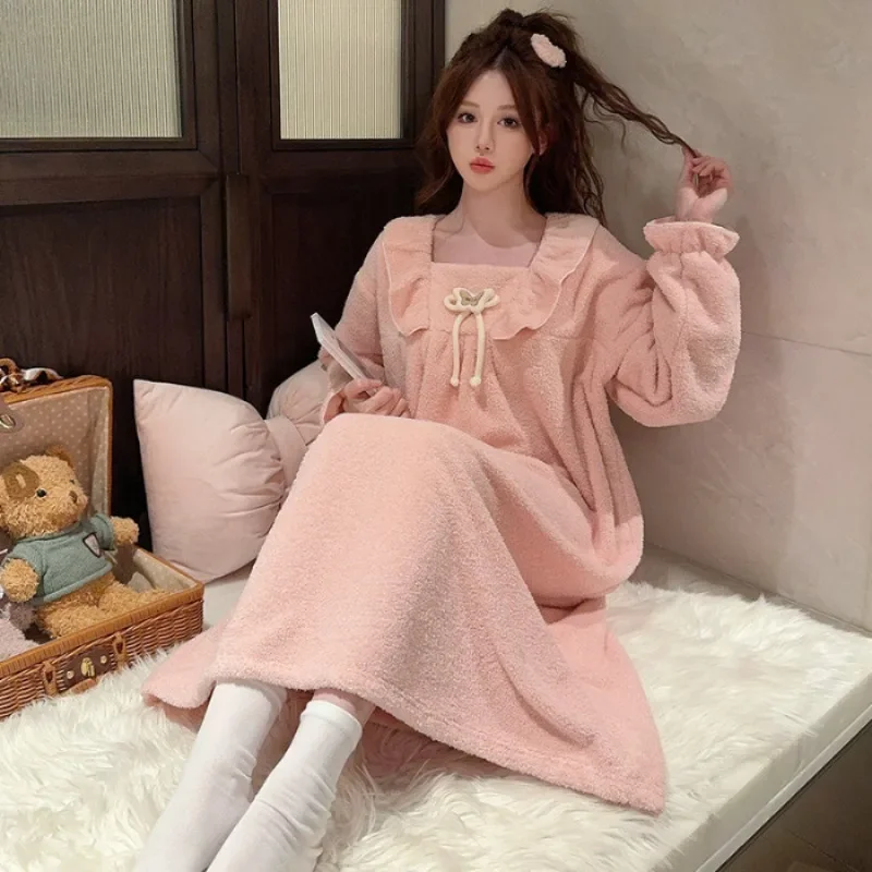 5XL Plus Size Women Winter Coral Velvet Sleep Dress Korean Sweet Fleece-lined Thickened Long Sleeve Flannel Nightgown Sleepshirt