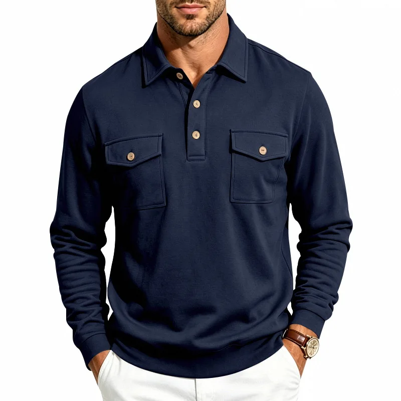 Herbst- und Winter-Herren-POLO-Pullover mit langen Ärmeln, lässigem Kragen, sportlichem Design und mehreren Taschen, Großhandel – Detail 3