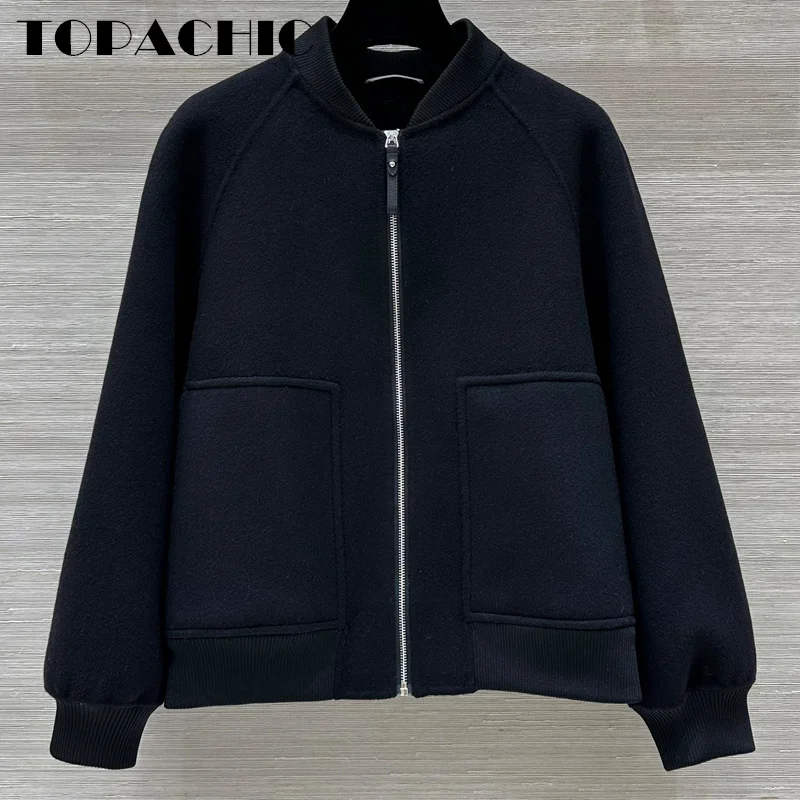 8.26 TOPACHIC-Women Hand Double-Sided Cashmere Flying Jacket Temperament Ribbed Collar Raglan Sleeve Loose Short Zipper Coat