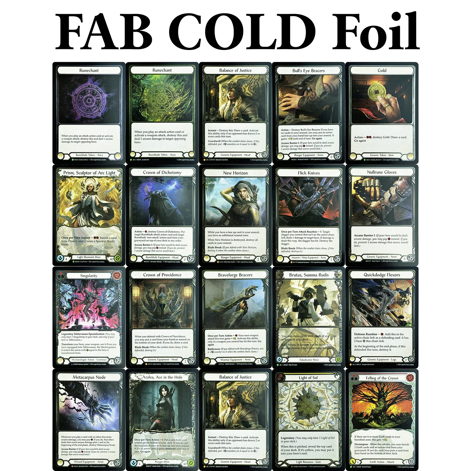 

FAB Cold Foil Proxy Game Cards Light of Sol Balance of Justice Quickdodge Flexors New Horizon Nullrune Gloves Singularity Gold