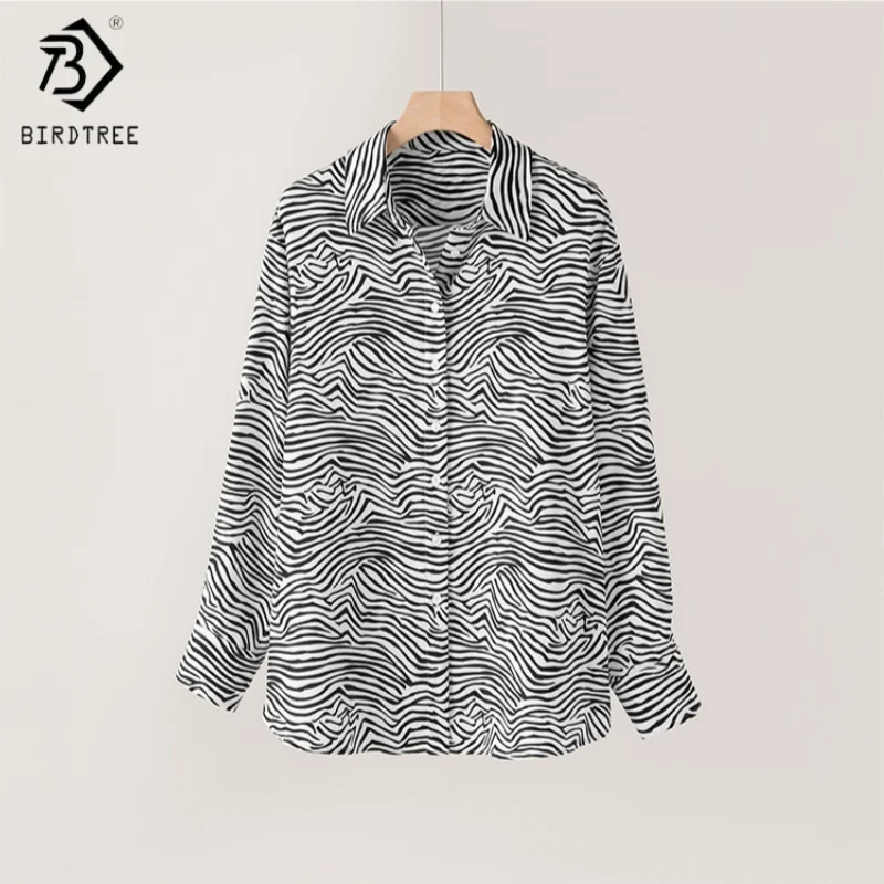 

Birdtree, блузка в полоску зебры из натурального шелка из 93%, женские топы из плотного крепа с лацканами, однобортная рубашка с длинными рукавами, новинка 2025 года T5D609JF