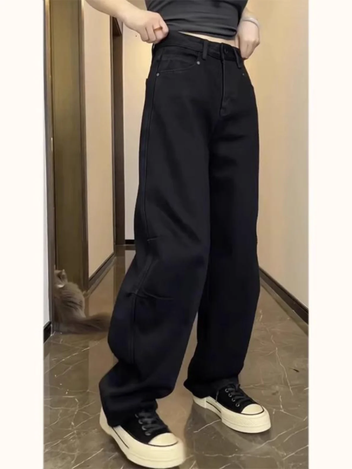 

Большие размеры, широкие джинсы с высокой талией, женские осенние новые брюки-груша в стиле апей, прямые утягивающие брюки-ножи, повседневная одежда