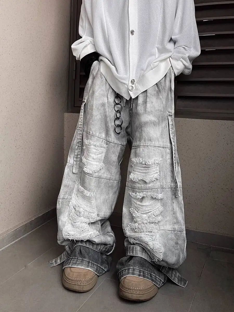 Man Jeans Street Fashion Cargo Jeans Hip Hop Mud Dyed Hollow Out Denim Pants Wide Leg Retro Distressed Washed Loose Trousers