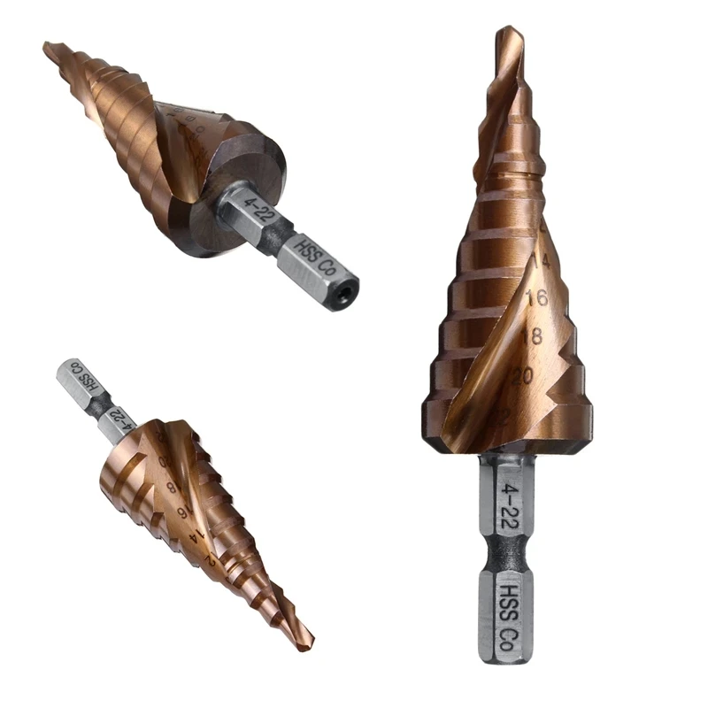 Broca Escalonada Vearter De 5–21 Mm – 9 Niveles, HSS M35 De Cobalto, Vástago Hexagonal De 6,35 Mm, Doble Ranura, Para Acero Inoxidable, Aluminio Y Plástico
