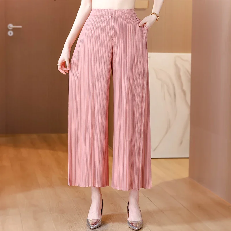 2024 New Spring Autumn Women High Waist Slim Ninth Pants High Quality Fashion Miyake Pleated Solid Color Wide Leg Pants