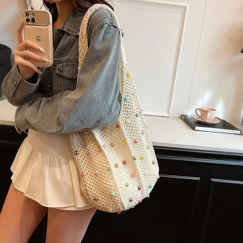 Beige Crochet Mesh Tote Bag with Colorful Bead Embellishments, Breathable Knit Shoulder Bag for Beach Vacation, Shopping Casual
