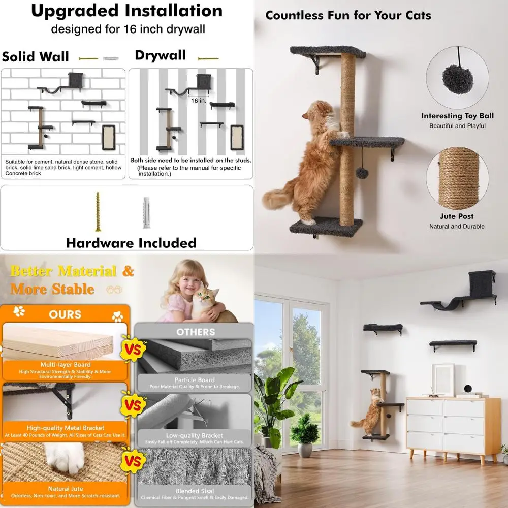

5-in-1CatWallShelves,Multi-LevelCatClimurniture,Perch&LoungeorIndoorCats,Space-SavingWallMountedCatShelvesorPlay&Rest(NaturalWoo