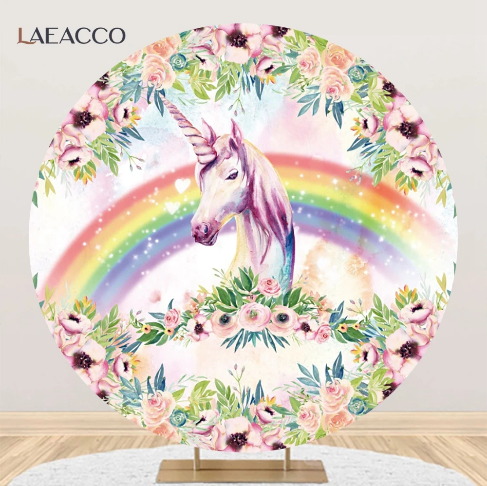 Laeacco Cartoon Unicorn Round Backdrops Rainbow Flowers Baby Shower Birthday Party Decor Photographic Prop Circle Backgrounds