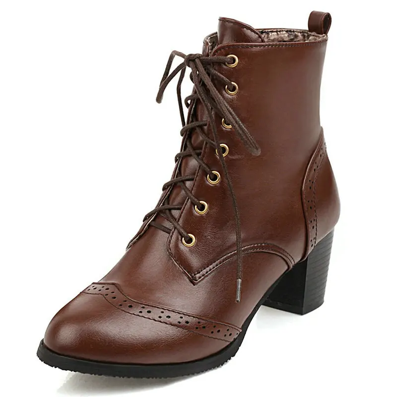 

Brogue Designer Round Toe Lace-up Chunky High Heels British Style Woman Winter Shoes Ankle Retro Vintage Boots Big Size 46 47 48