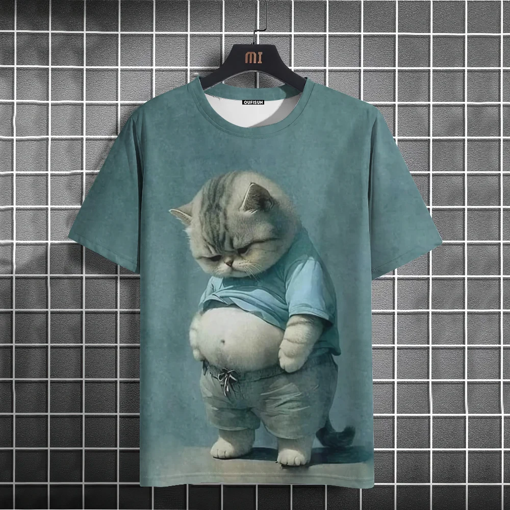 Summer Men T-Shirt Fun Cat 3D Print Sport Quick-dry Breathable Cartoon Harajuku Street Cute Casual Fashion Oversize Short Sleeve