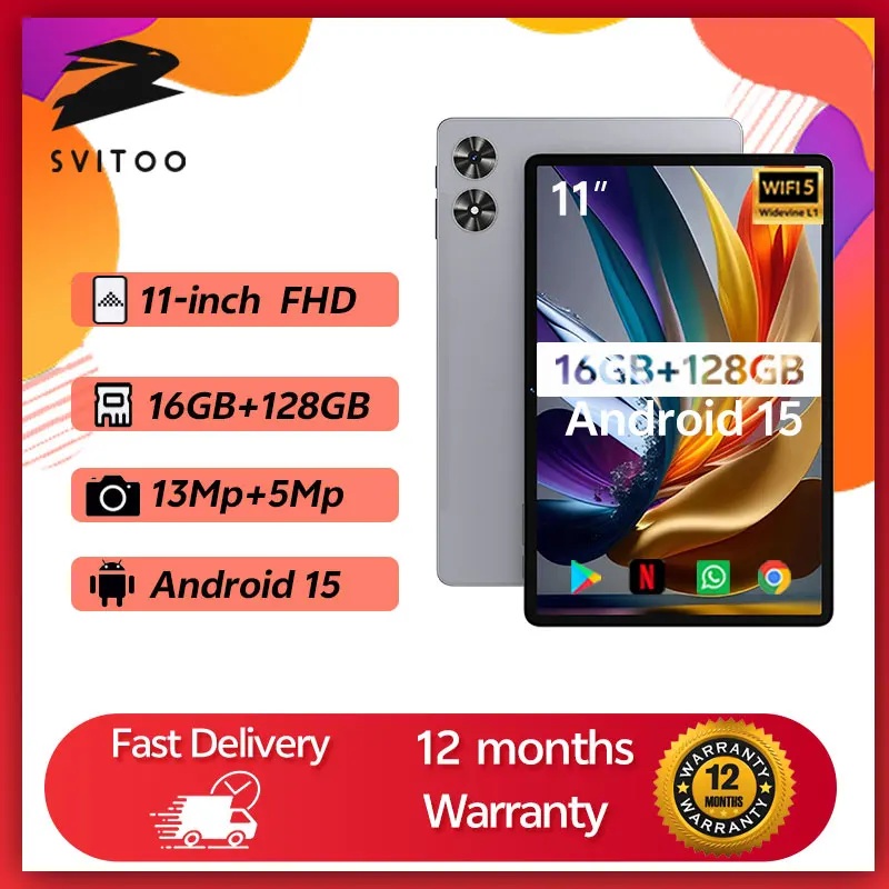 SVITOO tableta de 11 pulgadas Android 15 16GB RAM 128GB ROM octa-core T606 8000mAh batería tipo C tabletas Widevine L1 versión Global