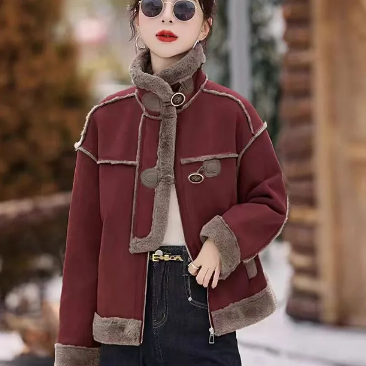 

Ele Lamb Fur Jaet Women's ort Biker Sle Winter Coat Deer Skin Velvet Leather Fur Inteated High Collar Button up