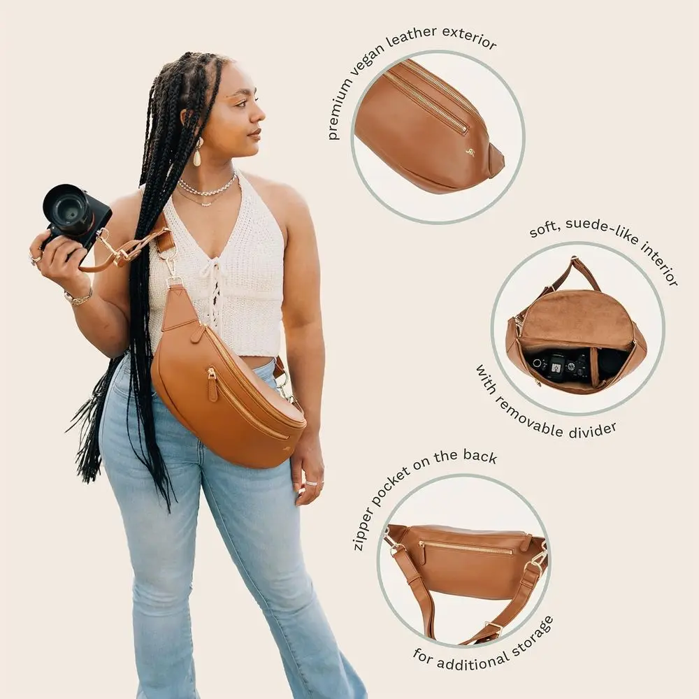 Bolso bandolera compacto de piel vegana con interior de ante, diseño manos libres, marrón
