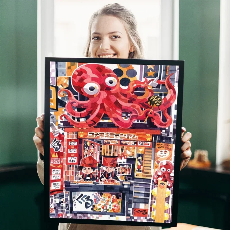 Professional Art Use, 1 Set Professional Art-Grade Adult Paint by Numbers DIY Kit, Japanese Street Style Red Octopus Food Stall