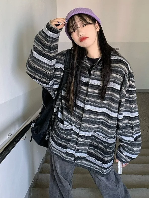 

2025 New Vintage Loose Lazy Design Striped Open Cardigan Sweater Outerwear ex Spring Autumn Soft Contrast Color School Wear