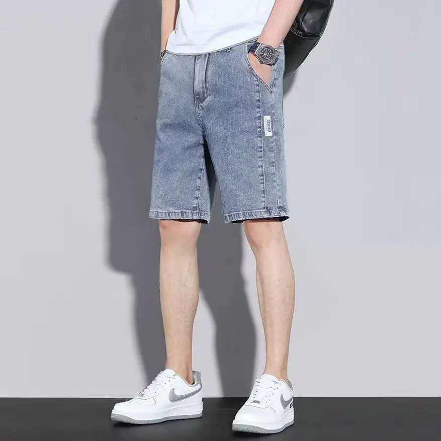 Summer Straight Hole Elastic Casual Denim Shorts Men Embroidery Print Patchwork Button Pocket Zipper Versatile Five-Point Pants