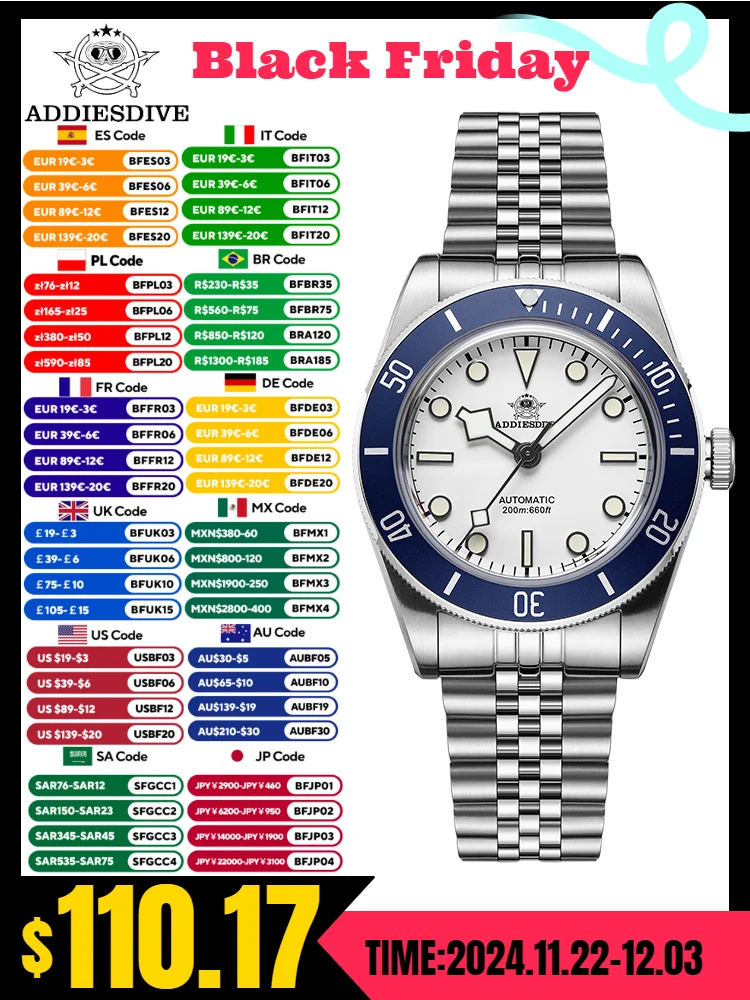 ADDIESDIVE NEW Watches For Men 316 Stainless Steel Sapphire Glass BGW9 Super Luminous 200M Waterproof Automatic Mechanical Watch