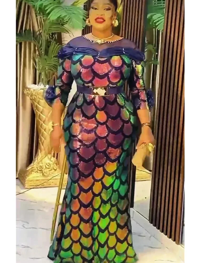 

2025 African Dresses for Women Fashion Plus Size Sequin Evening Party Long Dress Dashiki Ankara Outfits Robe African Clothes