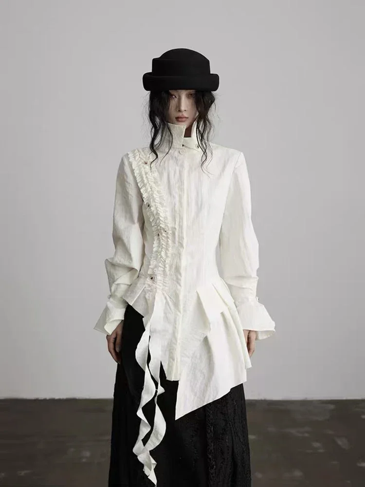 Chemise japonaise à volants pour femmes, mode Y2K, simple boutonnage, asymétrique, manches longues, hauts doux Lolita Preppy, chemisier Slim Mujer
