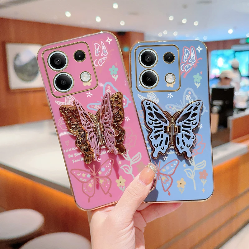 N ote 13 Rose Butterfly Plating Holder Phone Case For Xiaomi Redmi Note 13 13R 12 12S 11S 11Pro 13ProPlus 11T 12R 12Pro Cover