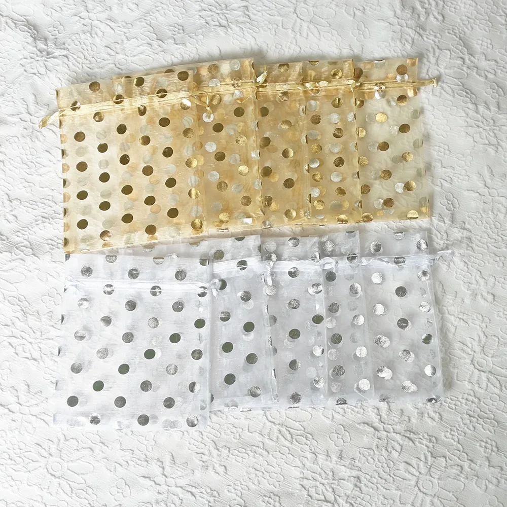 Sacs cadeaux en organza 10x12cm 10x15cm, couleur or et argent, motif à pois, sac d'emballage pour bijoux, sac d'emballage pour bonbons de mariage, fête, cadeau