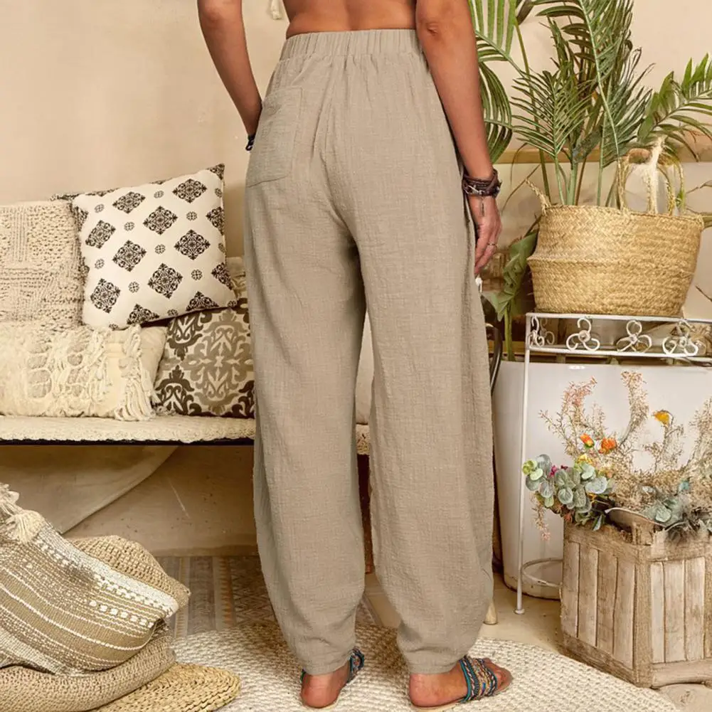 Women's Cotton-Linen Harem Trousers Retro Loose-Fit Casual Trousers Elasticated Waistband Workwear Wide-Leg Trousers