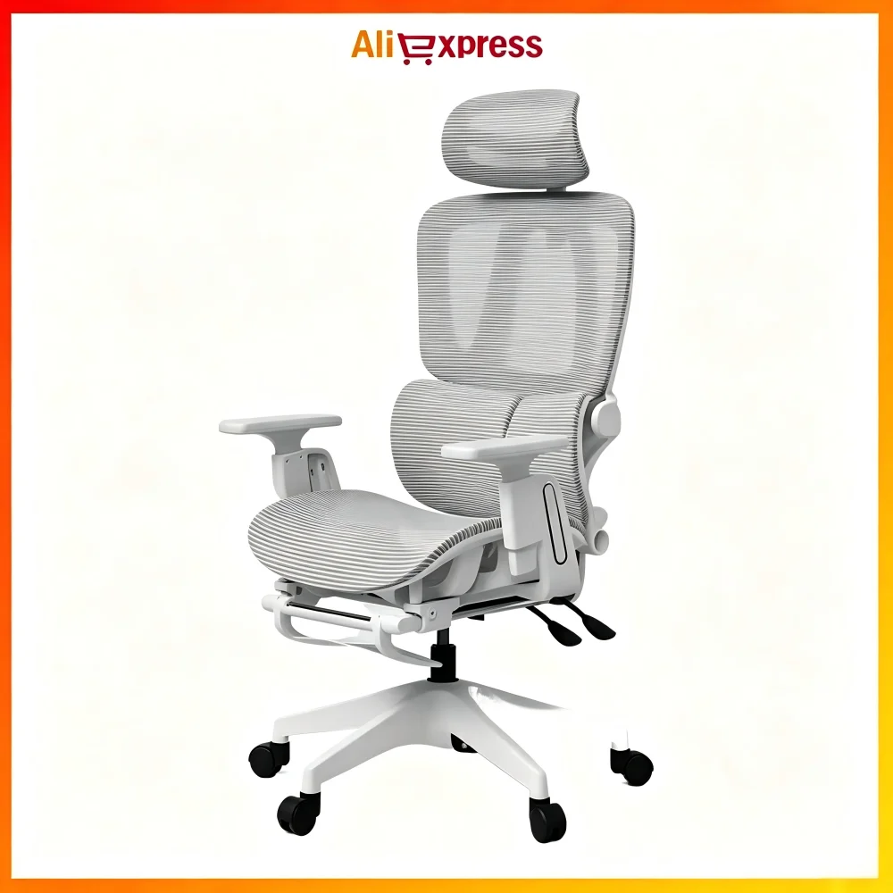 Chaise de bureau ergonomique en maille : appui-tête 4D, soutien lombaire, 145 °   Chaise de bureau inclinable, réglable en hauteur, respirante, blanche/grise