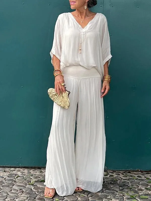 Elegant Chiffon Wide-leg Pants Two-piece Set Women 2024 Spring Half Sleeve Solid Loose Outfit Summer V Neck Backless Casual Suit