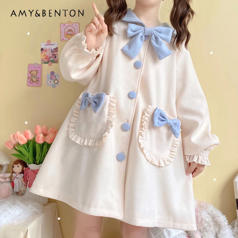 

Japanese Sweet Cute 3d Bow Coat for Women Kawaii Sailor Collar Winter Coat New Loose All-Match JK Uniform Woolen Coat Students