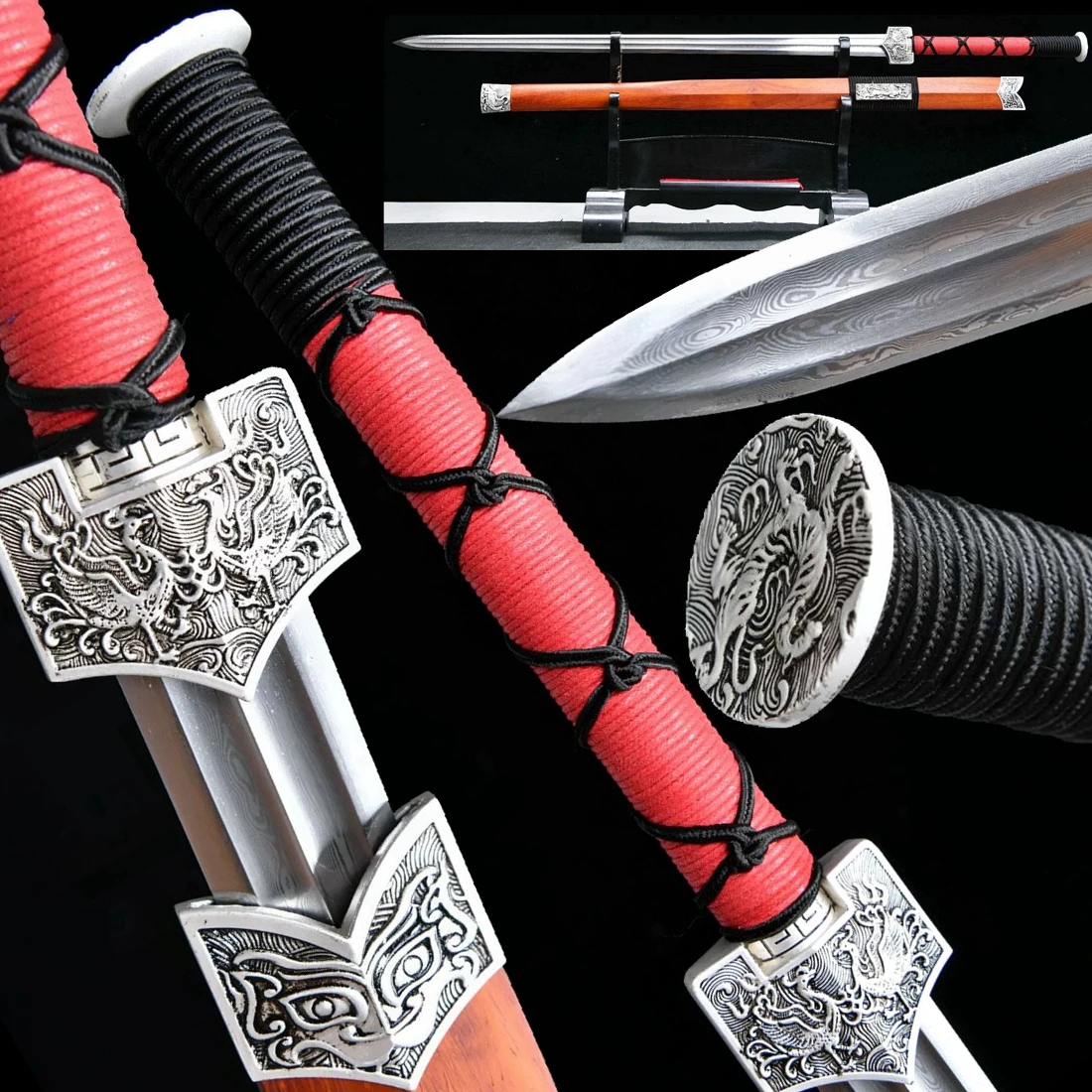 Four Divine Beasts Battle Jian Damascus Folded Steel Blade Handmade Chinese WuShu Han Dynasty Double Edge Sword Rose Wood Sheath