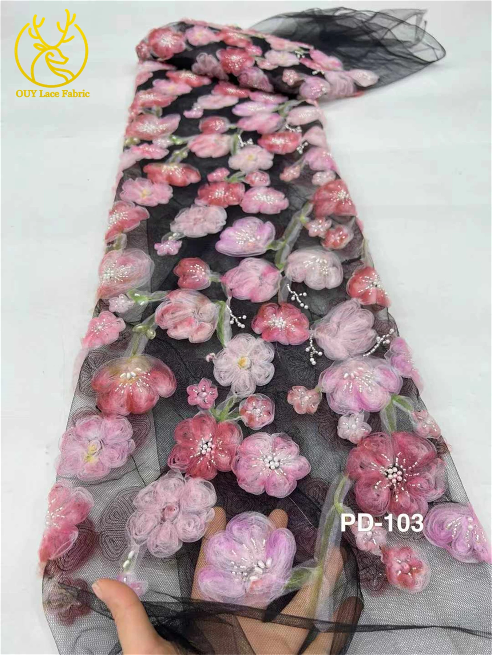 3D Flower Fashion French Mesh Floral Embroidery Lace Fabric African High Quality Beaded Lace Fabric for Women's Wedding Dresses