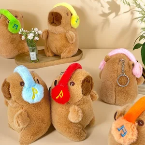 Cute capybara with headphones kids toy head cover cappibala doll keychain pendant soft stuffed animal doll couple keychain gift