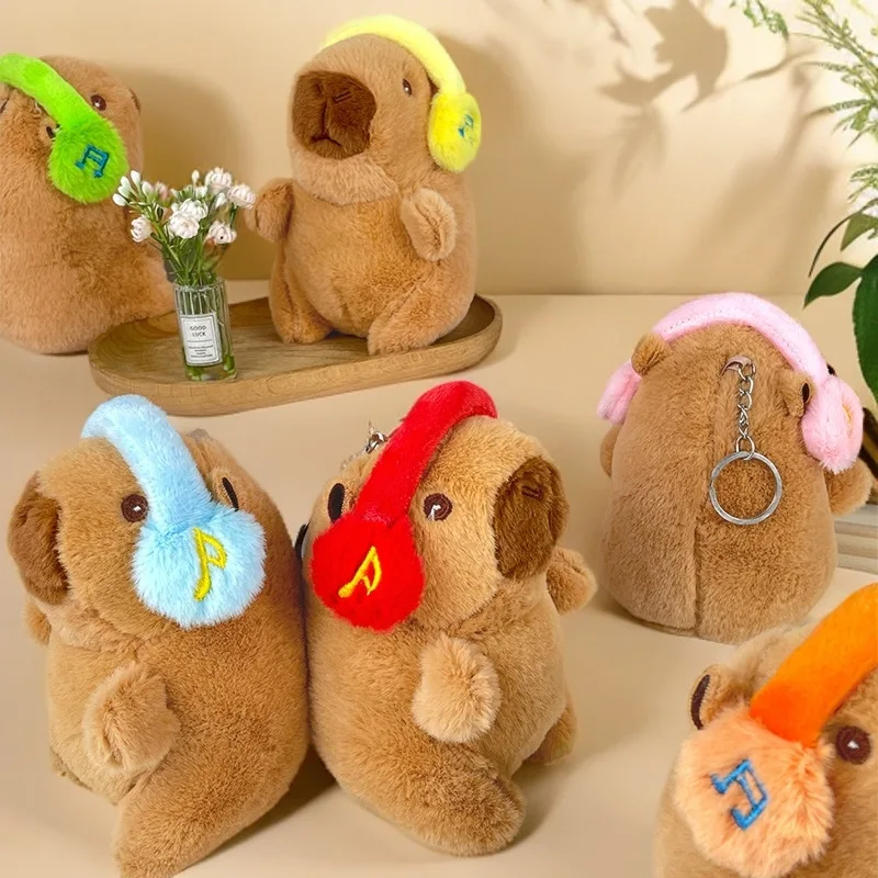 Cute capybara with headphones kids toy head cover cappibala doll keychain pendant soft stuffed animal doll couple keychain gift