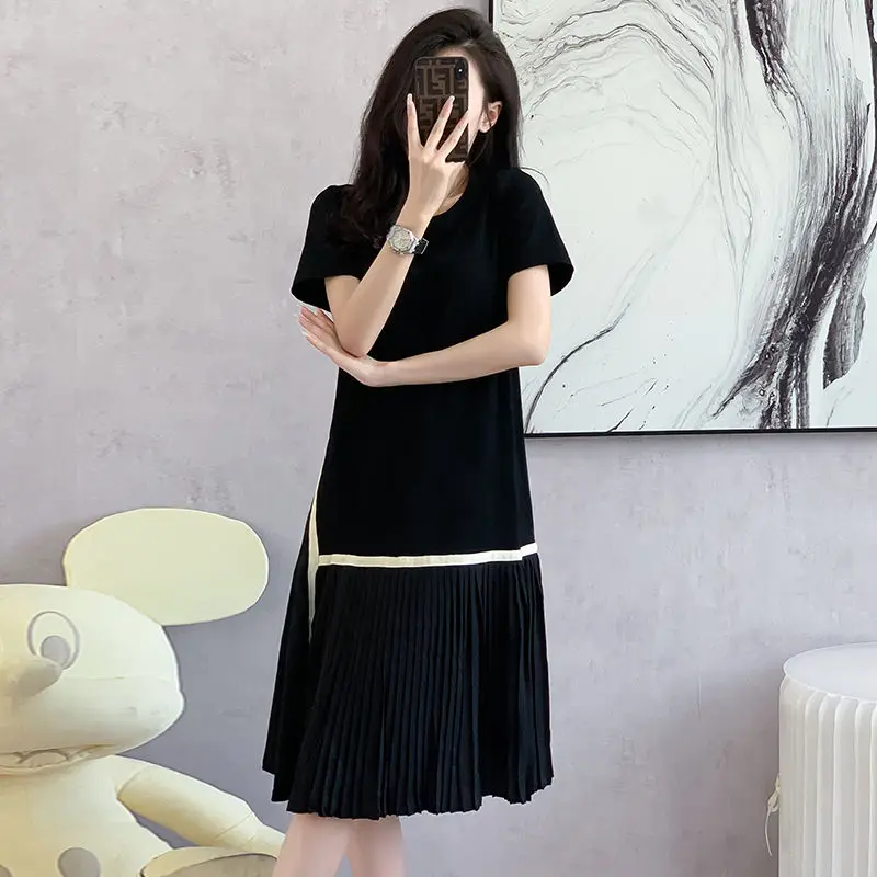 Temperament A-line Short Sleeve Dress Women\'s Summer New Fashion Black Patchwork Pleated Skirt