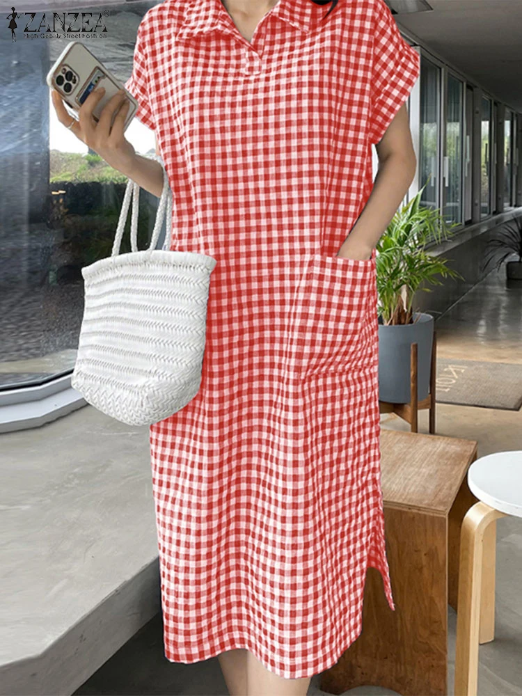 2023 ZANZEA Zomer Rasterprint Jurk Vrouwen Revers Hals Korte Mouw Zonnejurk Vintage Casual Vakantie Werk Vestido Gewaad Plaid Kaftan