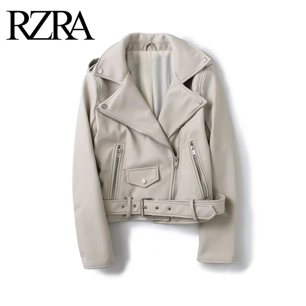 

RZRA women's 2024 autumn new classic style motorcycle belt detachable epaulette motorcycle jacket leather jacket female