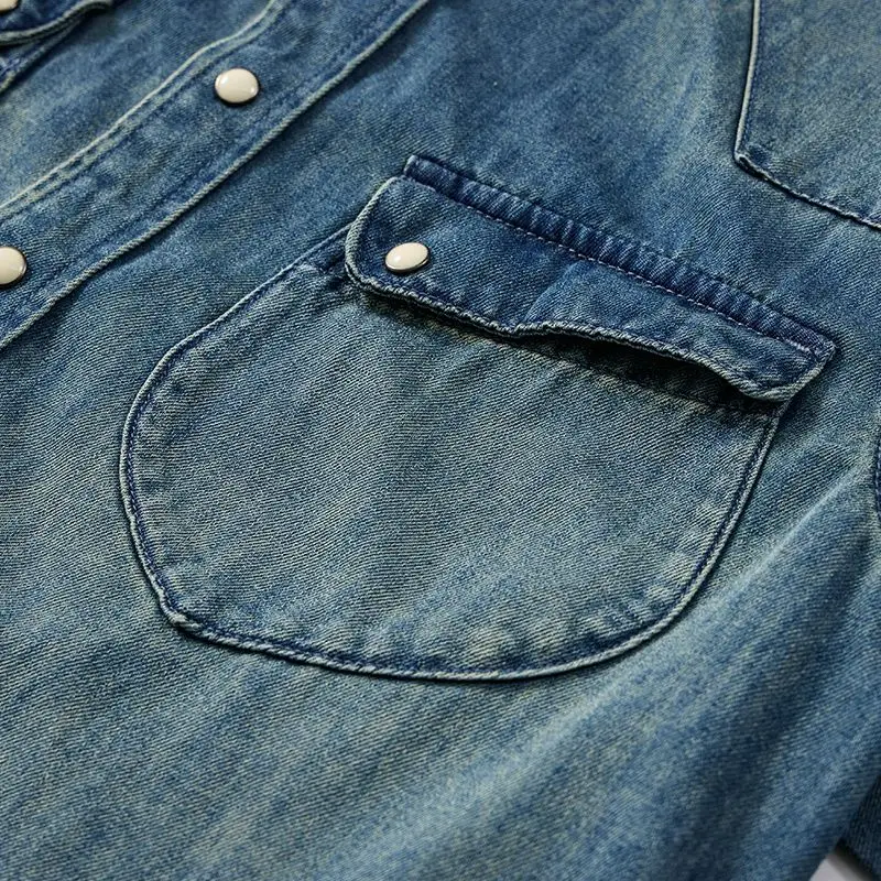 خمر قميص دينيم قصير الأكمام عادية فضفاضة تناسب الصيف جديد عصري العلامة التجارية ملابس العمل جان الشباب Sle واحدة الصدر قمصان دينيم