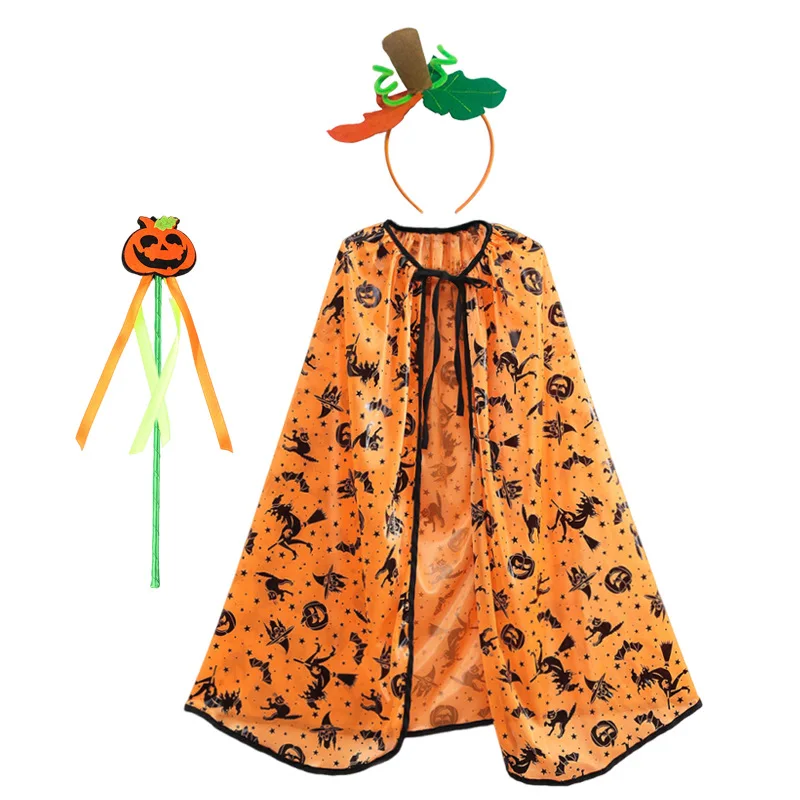 Kids Halloween Witch Cape Costume for Boys Girls Wizard Cloak with Witch Hat Broom Set Props Halloween Pumpkin Children Clothing