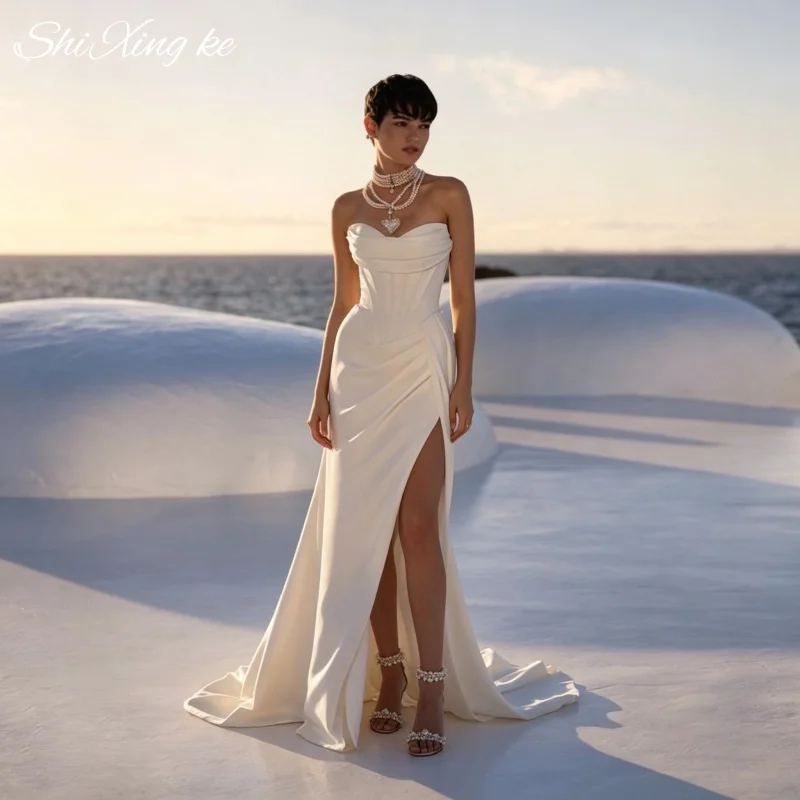 Ocean View Satin Wedding Dress 2026 Sweetheart Strapless Mermaid High Slit Bridal Gown Vestidos De Novia Customized
